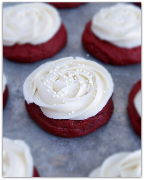 Soft red velvet sugar cookies with cream cheese frosting